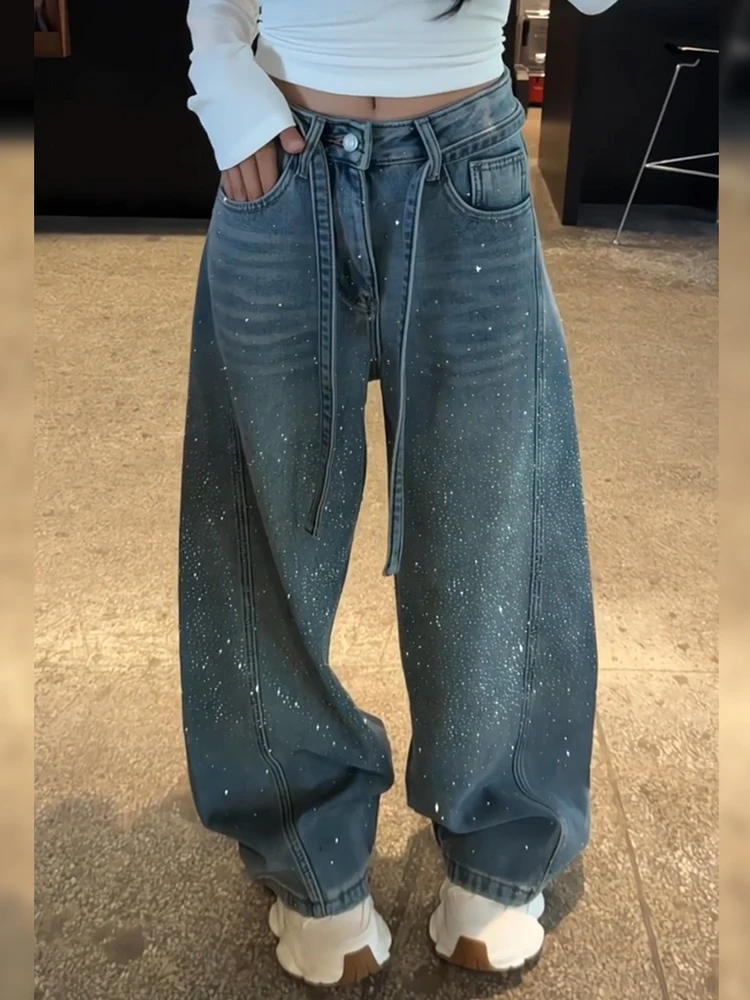 

Retro American Design Splice Diamond Jeans Loose Lazy Feeling Dragging Pants Women Spicy Style Natural Waist Denim Jeans