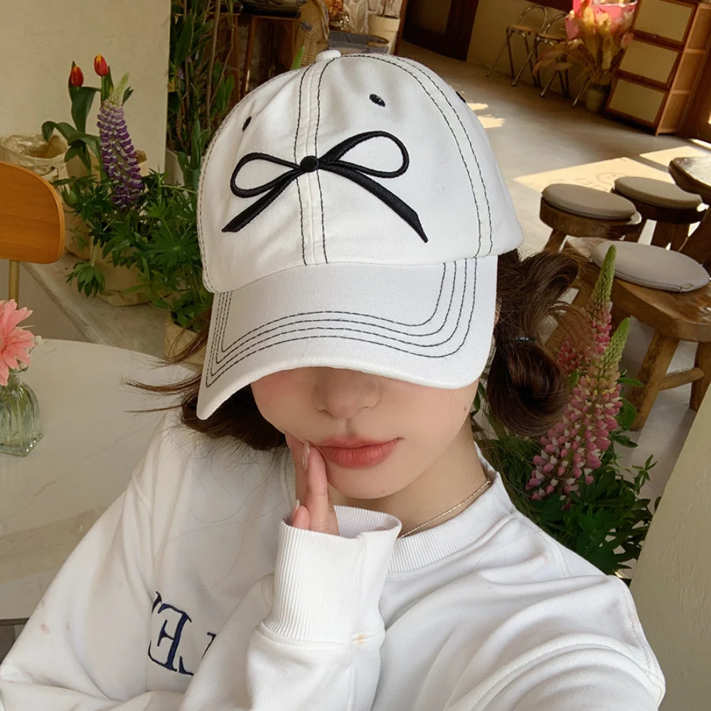 Bow Embroidery Baseball Caps Casual Show Face Small Washed Cotton Sun Hat Adjustable Visor Cap