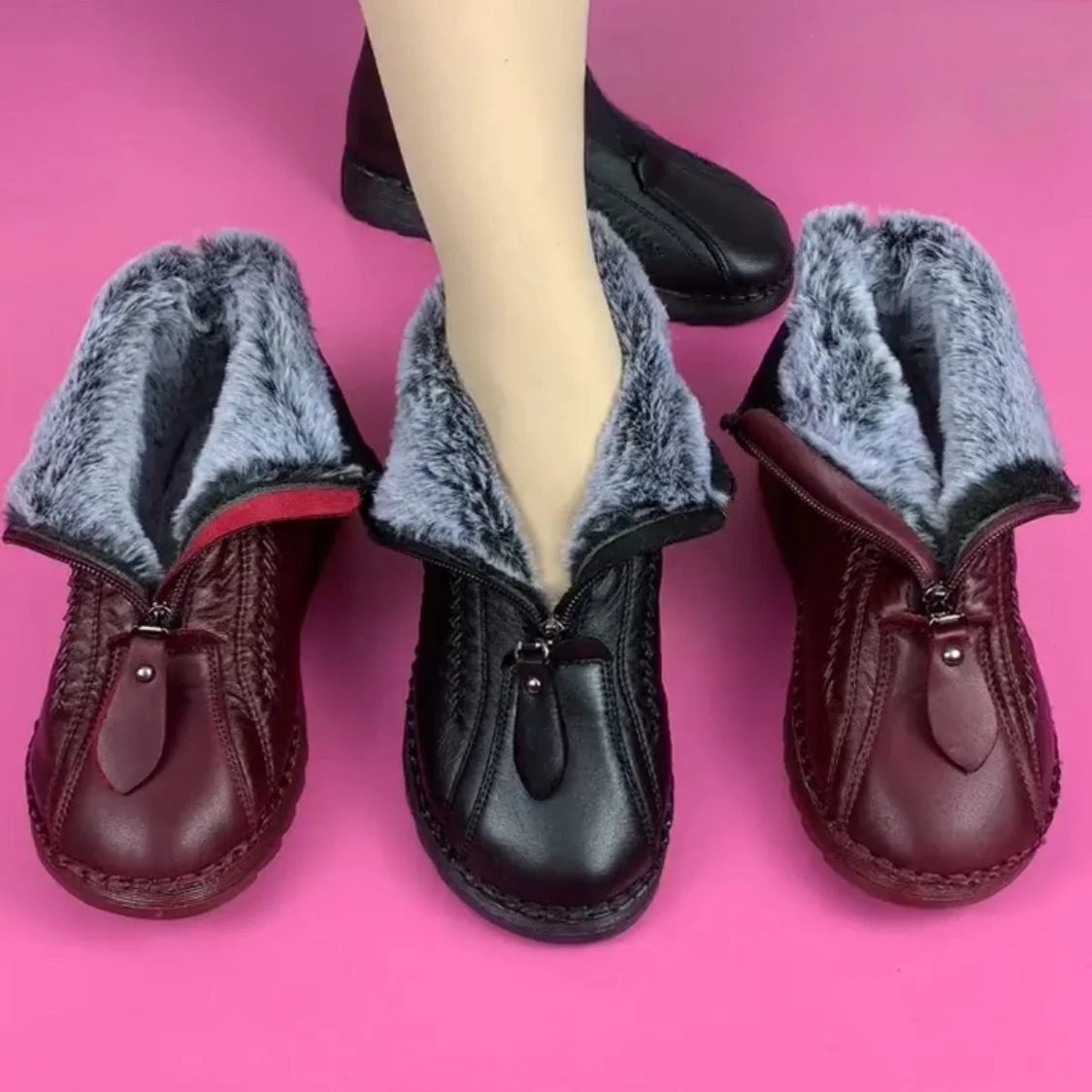 

Новые зимние женские ботинки Beijing Cotton из мягкой кожи с подкладкой из кроличьего меха, теплые, модные, на плоской подошве, противоскользящие, для мам