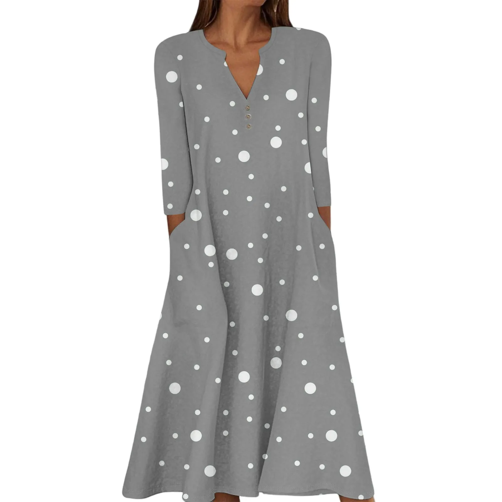 女性の夏のカジュアル V ネックボタンレトロ水玉プリント七分袖ロングドレスポケット付きエレガントな女性のドレス