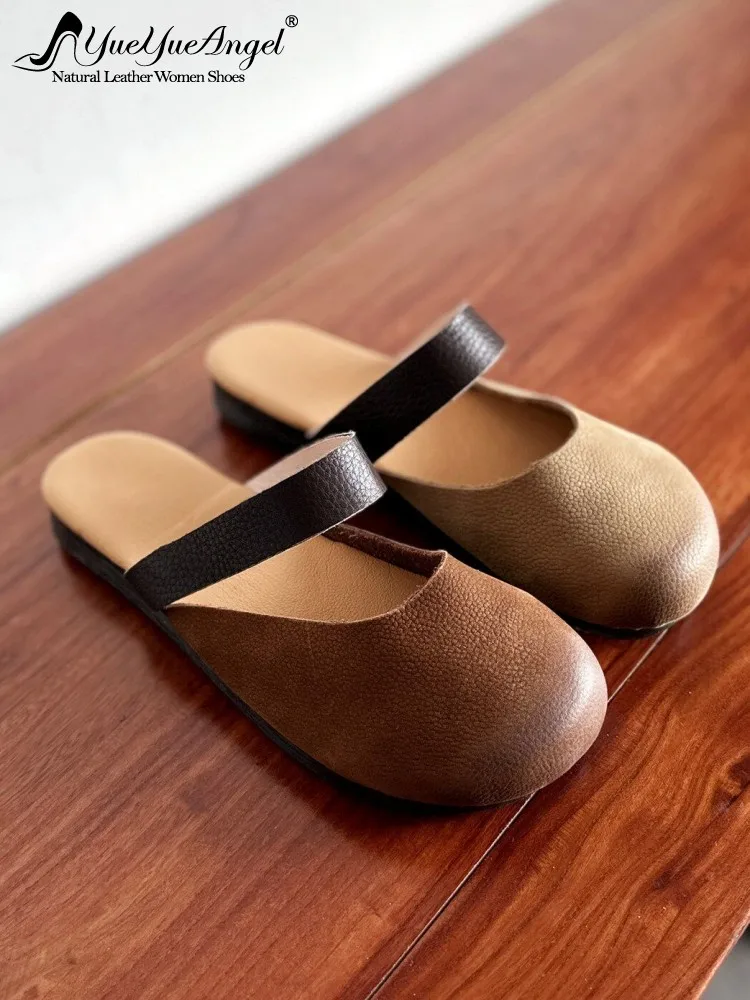 

Новые повседневные женские туфли из натуральной кожи, плоские тапочки с круглым носком в японском стиле, винтажные, ручной работы, из коровьей кожи, удобные мюли-слайды