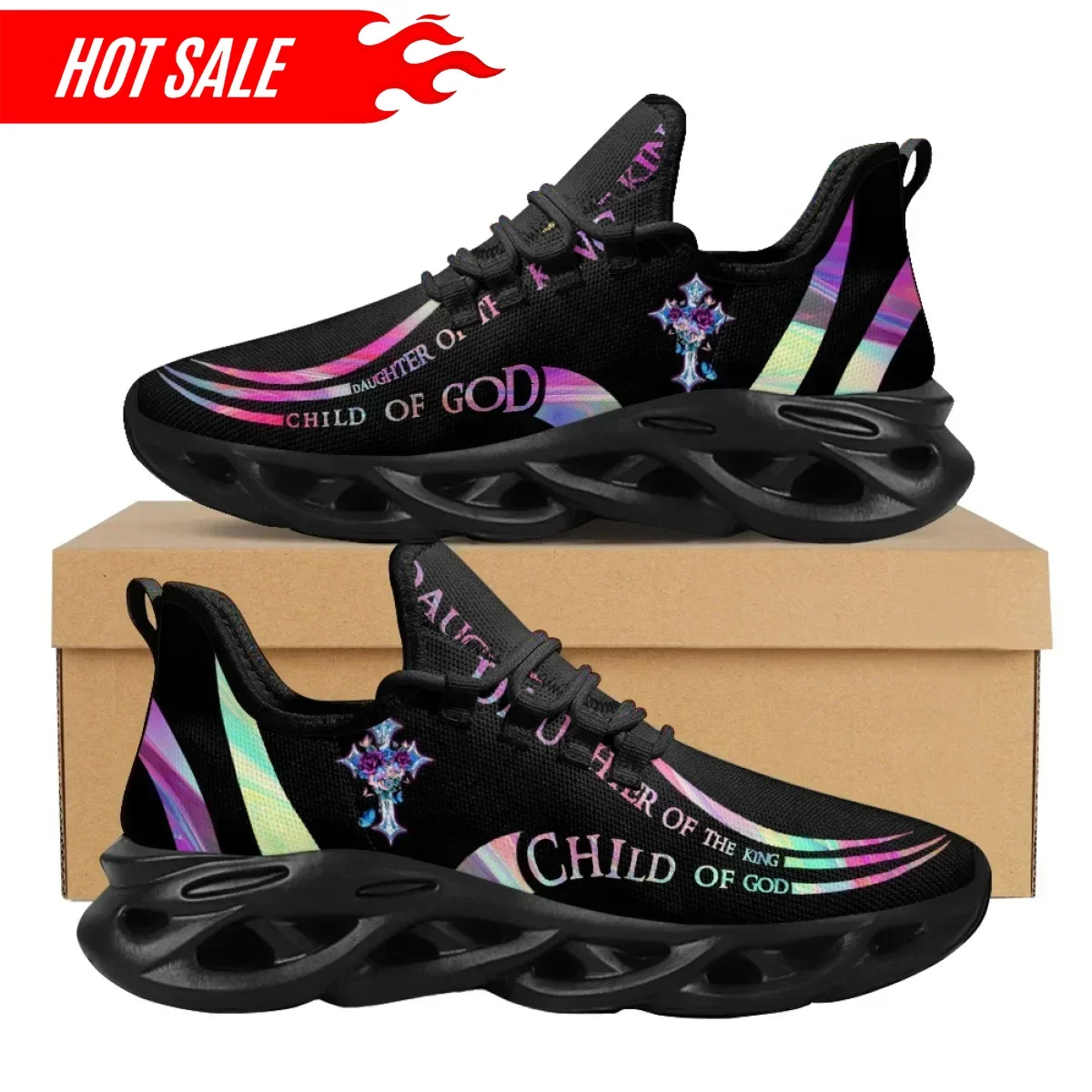 Hot Cross Christian God Print Light Breathable Sneakers Air Mesh Outdoor Sport Shoes for Women Faith Hope Training Shoes - view 2
