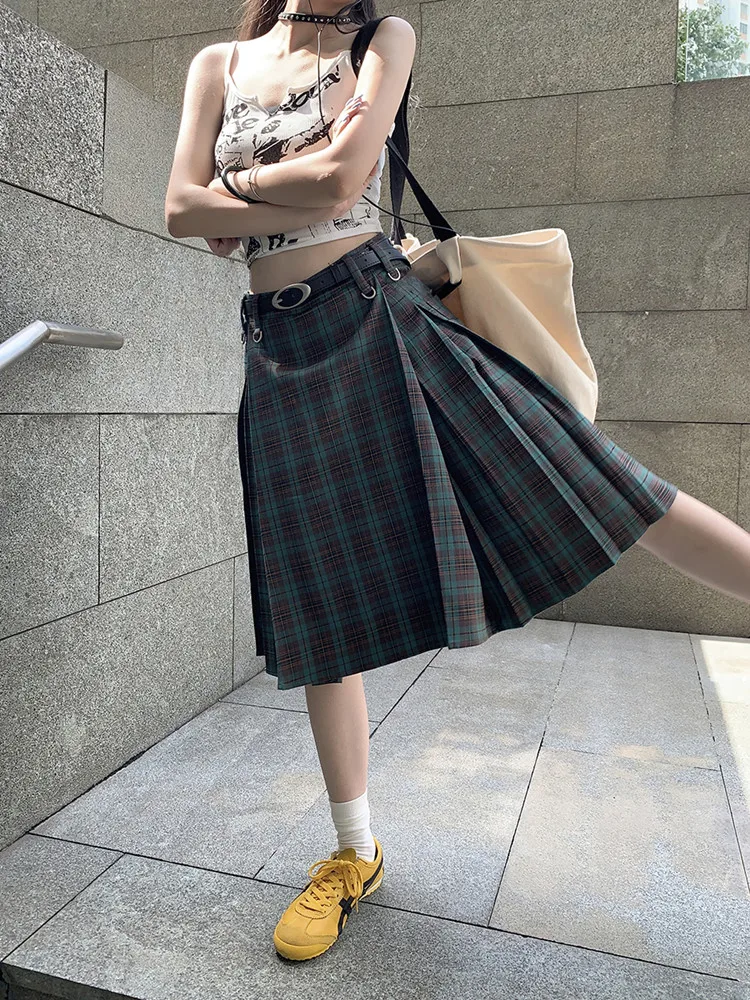 Korean style Preppy Fashion Vintage Plaid Summer Women Midi Skirt High Waist Pleated A-line Temperament Loose Y2K Skirt