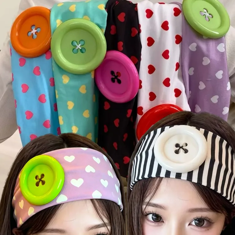 

Spicy Girl Dopamine Stripe Button Headband Fitness Sweat-absorbent Hairband Women Summer Y2K Elastic Big Button Hairbands