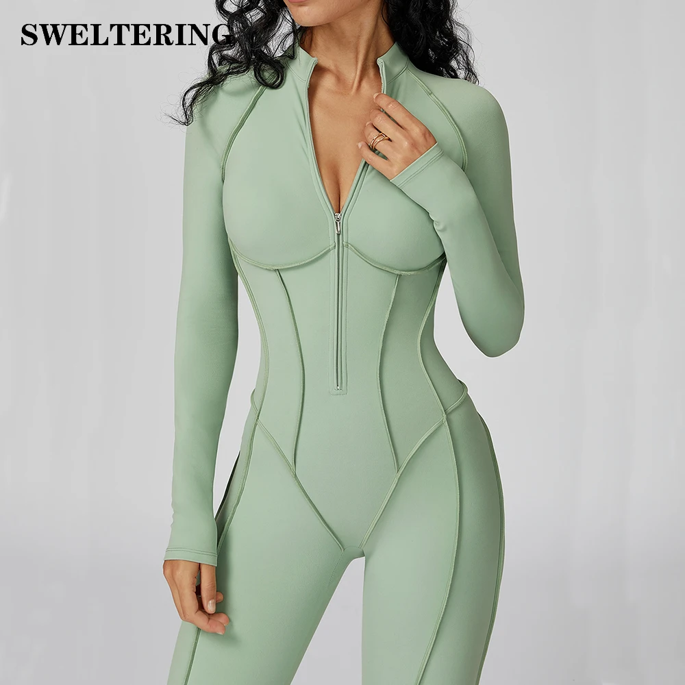 

Sexy Rompers Workout Zipper Jumpsuit Long Sleeves Sports Bodysuits Women Gym Running Fitness Suits Gym Tracksuit Sportswear
