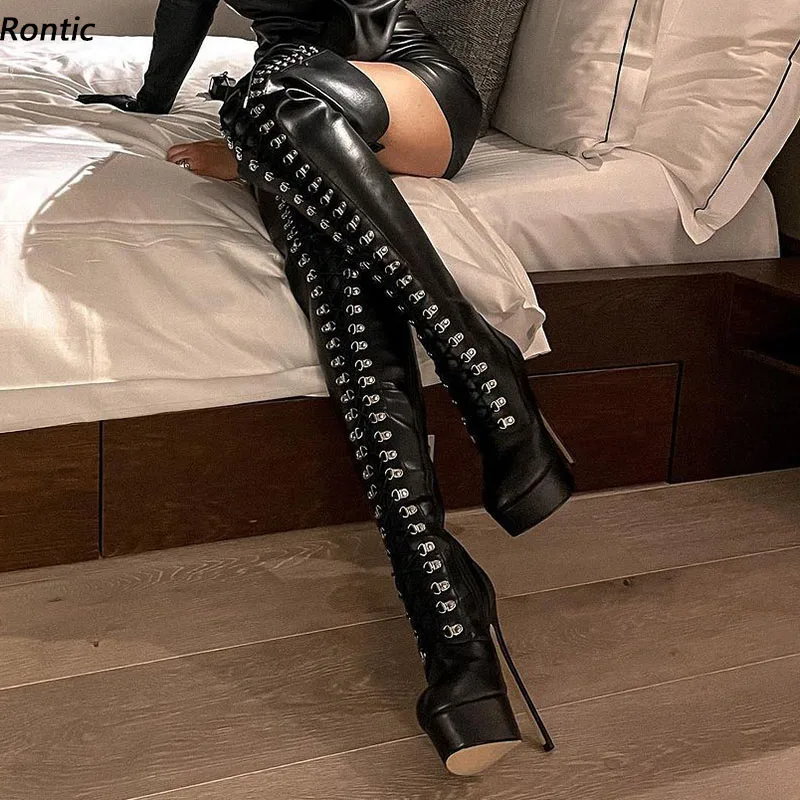 Rontic Handmade Women Winter Over The Knee Boots Stiletto Heels Round Toe Black Party Shoes Ladies US Plus Size 5-20