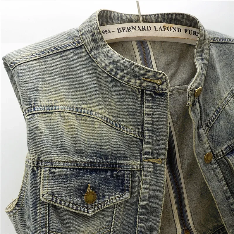 

Vintage Blue Stand Collar Pocket Denim Vest Women Waistcoat Back Zipper Cowboy Sleeveless Jacket Slim Short Jeans Vests Female
