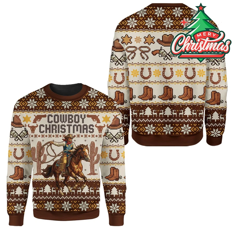 

Cowboy Christmas Ugly Sweater For Men Clothing Horse Riding Sport Casual Lover Pullover Sweatshirt Festival Gift New Xmas Top