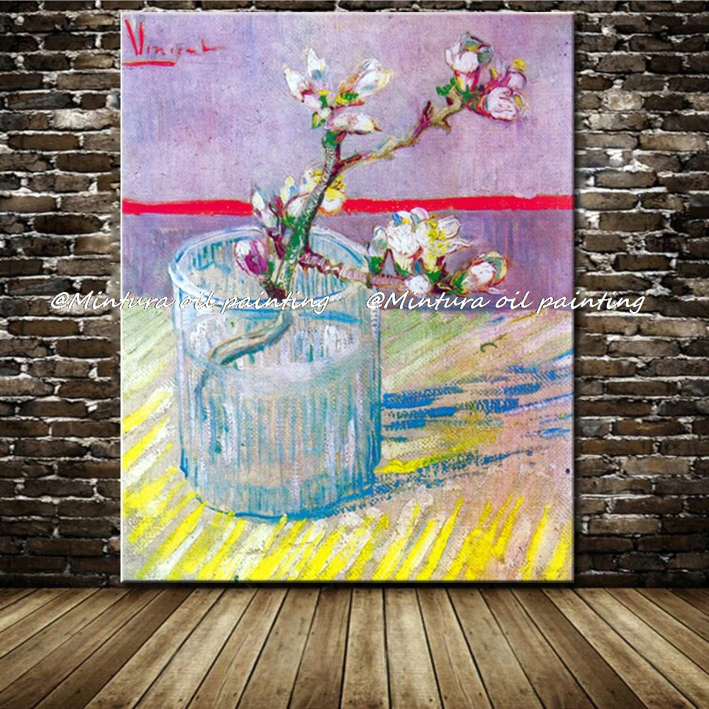 Mintura Handpainted Copy Blossoming Almond Branch in a Glass Of Vincent Van Gogh Oil Painting on Canvas,Wall Art,Home Decoration