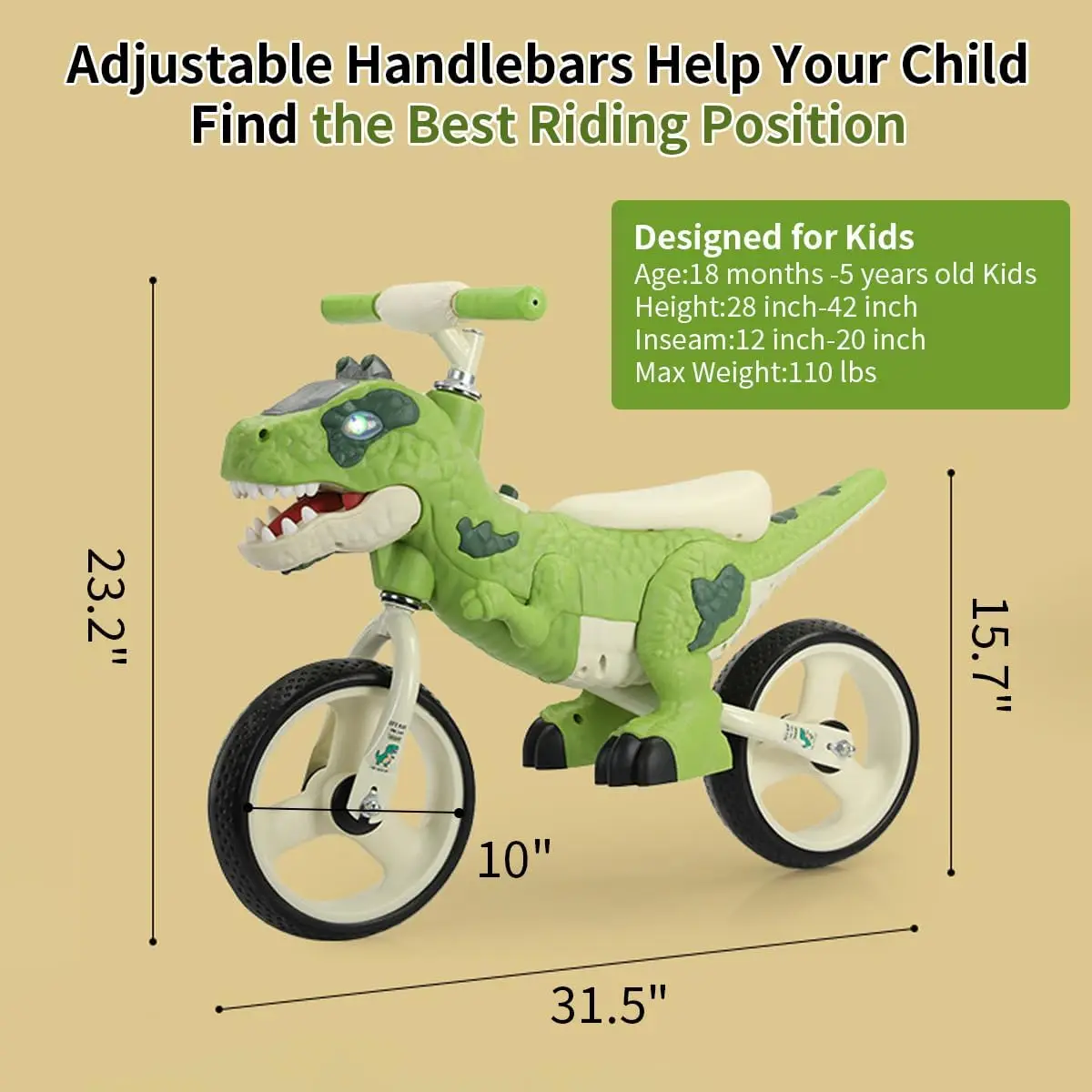 Brinquedos de bicicleta de equilíbrio para crianças com tema de dinossauro para meninas e meninos de 2 a 7 anos – efeitos de música e iluminação, bicicleta de treinamento sem pedal, melhor