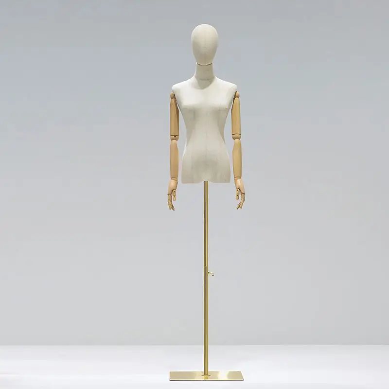Stoffen hoes Vrouwelijke half-body mannequin Houten arm Metalen basis voor bruiloft Kleding Display Jurk Vorm Verstelbaar rek