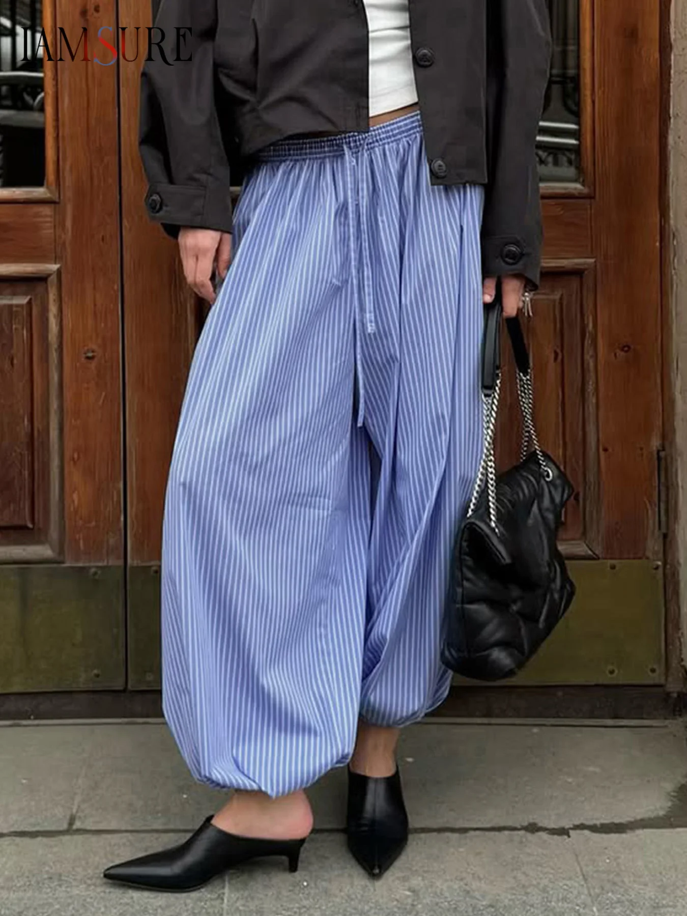 

IAMSURE Casual Loose Striped Pants Basic Button Bandage Mid-Waisted Bloomers Pants Women 2025 Summer Fashion Streetwear Ladies