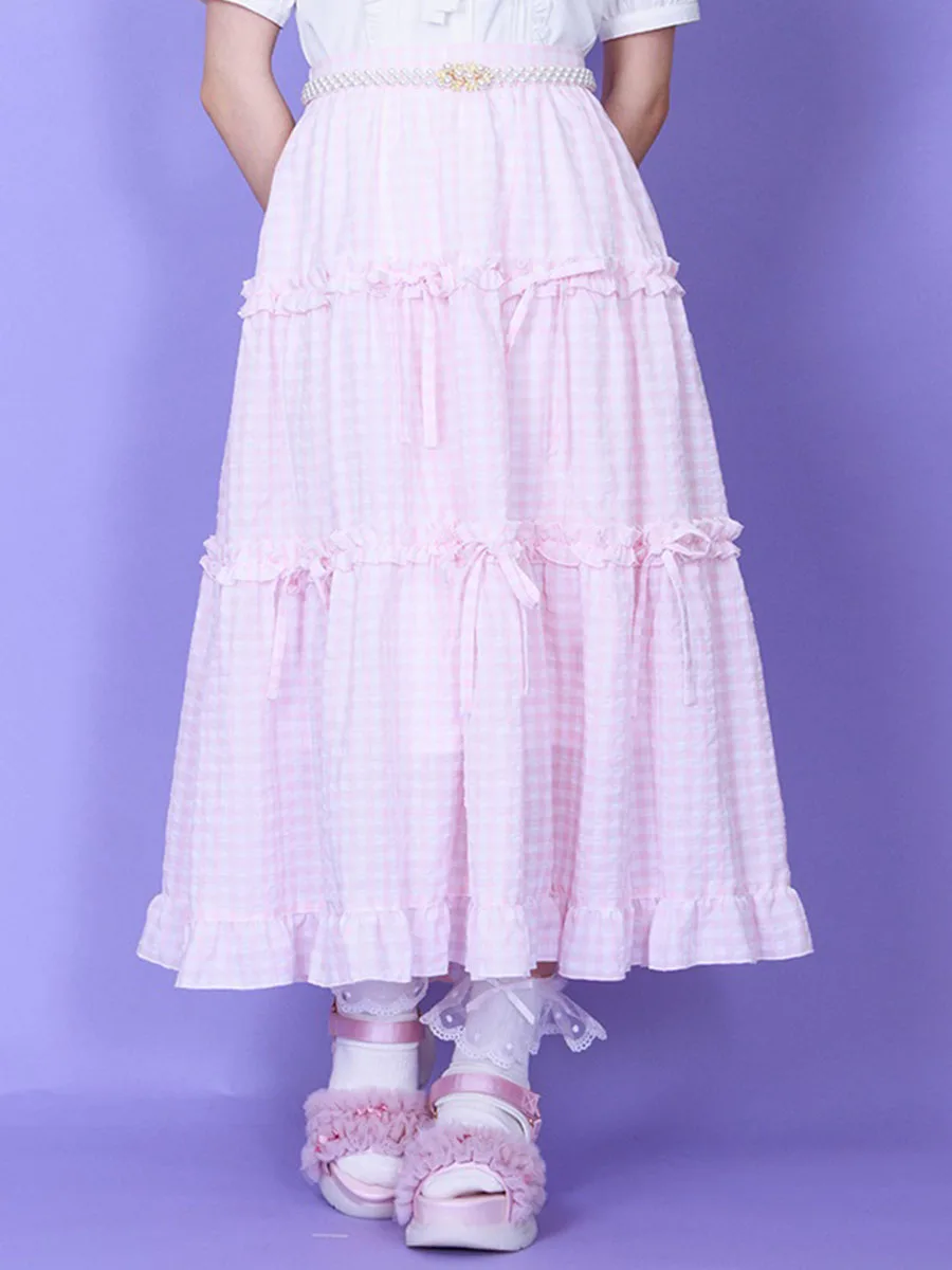 Słodka japońska spódnica w kratę z kokardą i wzorem ciasta, spódnica midi w kształcie litery A z średnim stanem dla młodych kobiet, Axes Femme