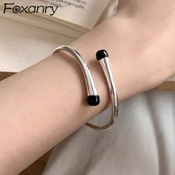 Foxanry Silver Color Black Zircon Cuff Bracelets For Women Couples Minimalist Fashion Elegant Handmade Party Daily Jewelry Gifts
