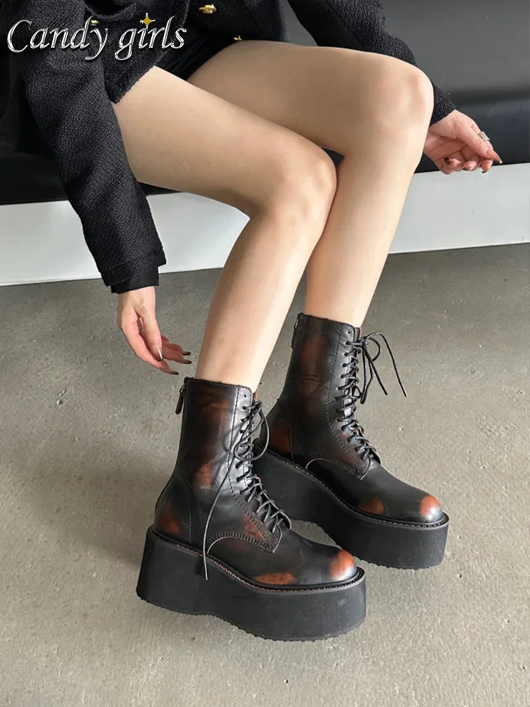 

2024 Thick-soled Women's Heightening Short Polished Retro Lace-up Small Muffin Bottom Wasteland Wind Platform Heels Boots 8cm