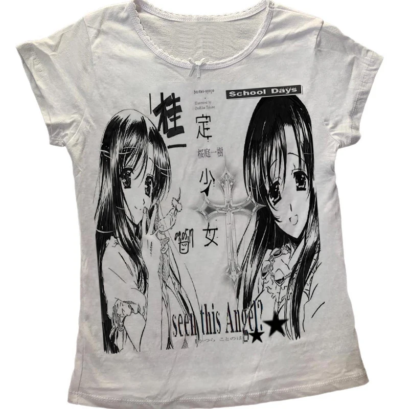Grunge Alt Damen Weißes Figurbetontes Langarm-Oberteil Vintage Schultage Anime Grafik Y2K Emo Harajuku Slim Casual T-Shirt – Detail 1