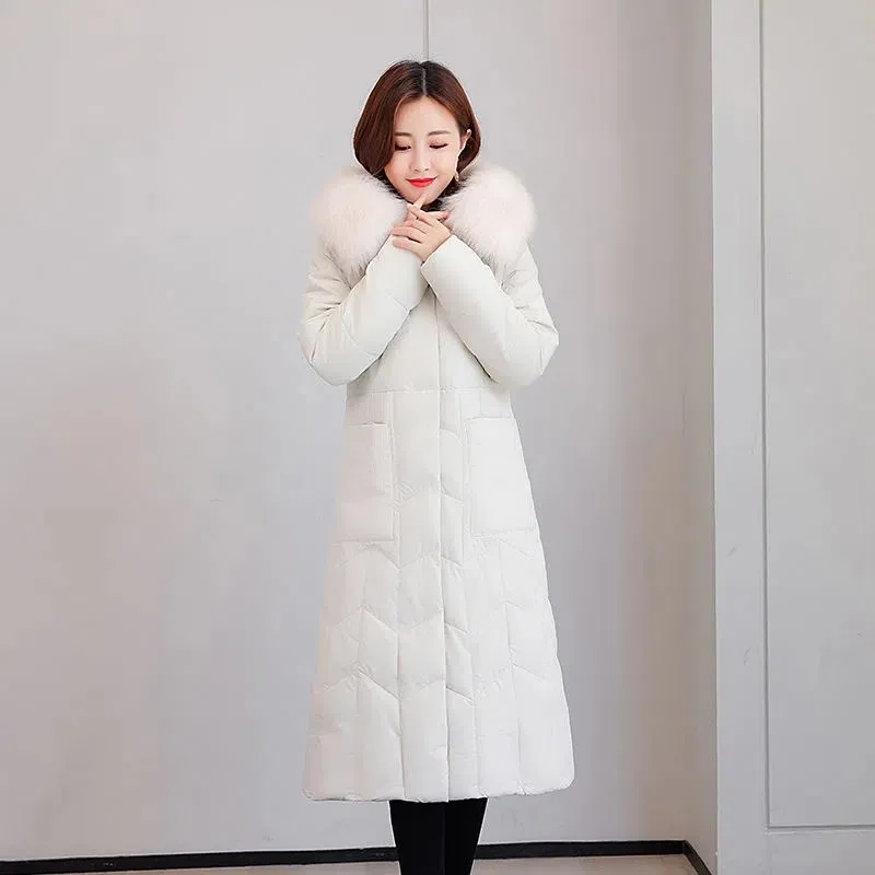 Manteau d'hiver en coton à capuche pour femme, épais, longueur aux genoux, veste Slim, parka, grand col en fourrure, vêtements d'extérieur tendance, nouvelle collection