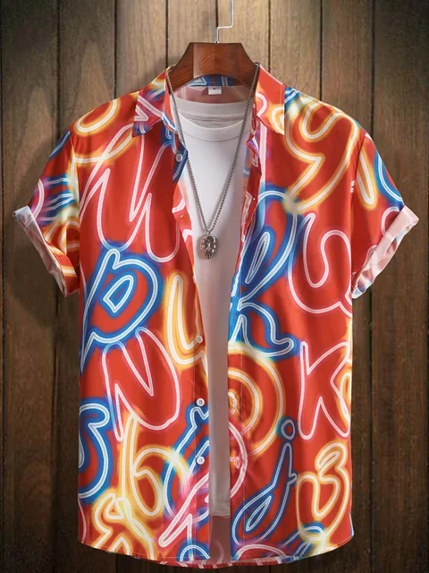 New Men's Neon Style Print Lapels Button Up Casual Short Sleeve Shirts Men's Clothing For Summer Hawaii Shirt Men's Streetwear