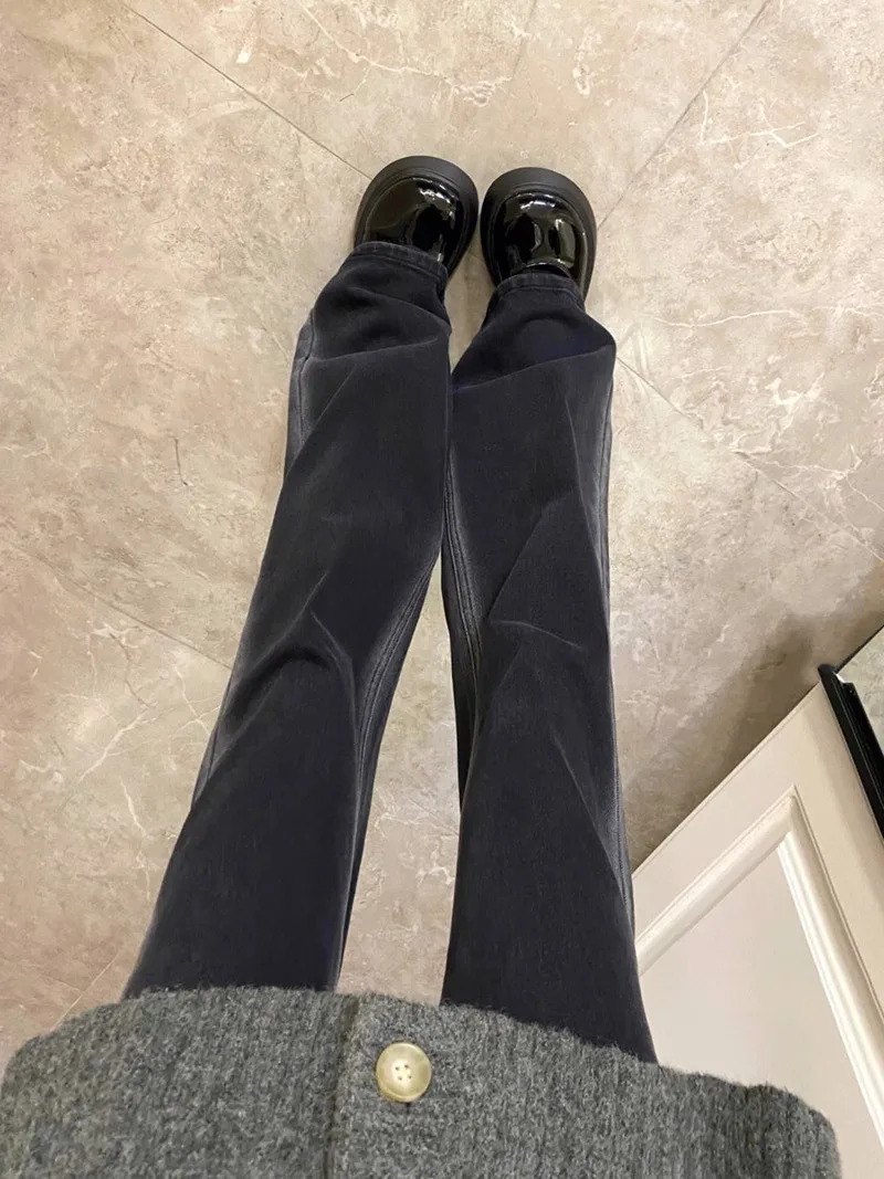 

High Waist Straight Leg Jeans Women's plus Size Hong Kong Style Chic Retro Flared Denim Pants Autumn Winter Cotton Stretch Fa...