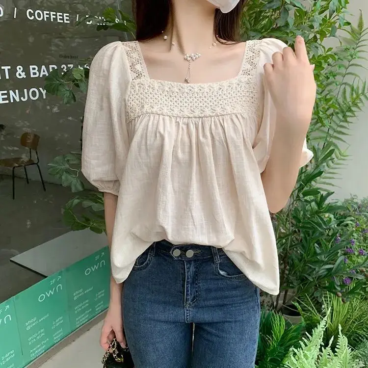 Chic Women Cotton Tops Hollow Square-neck Shirt French Loose Bubble Sleeve Lace Blouse