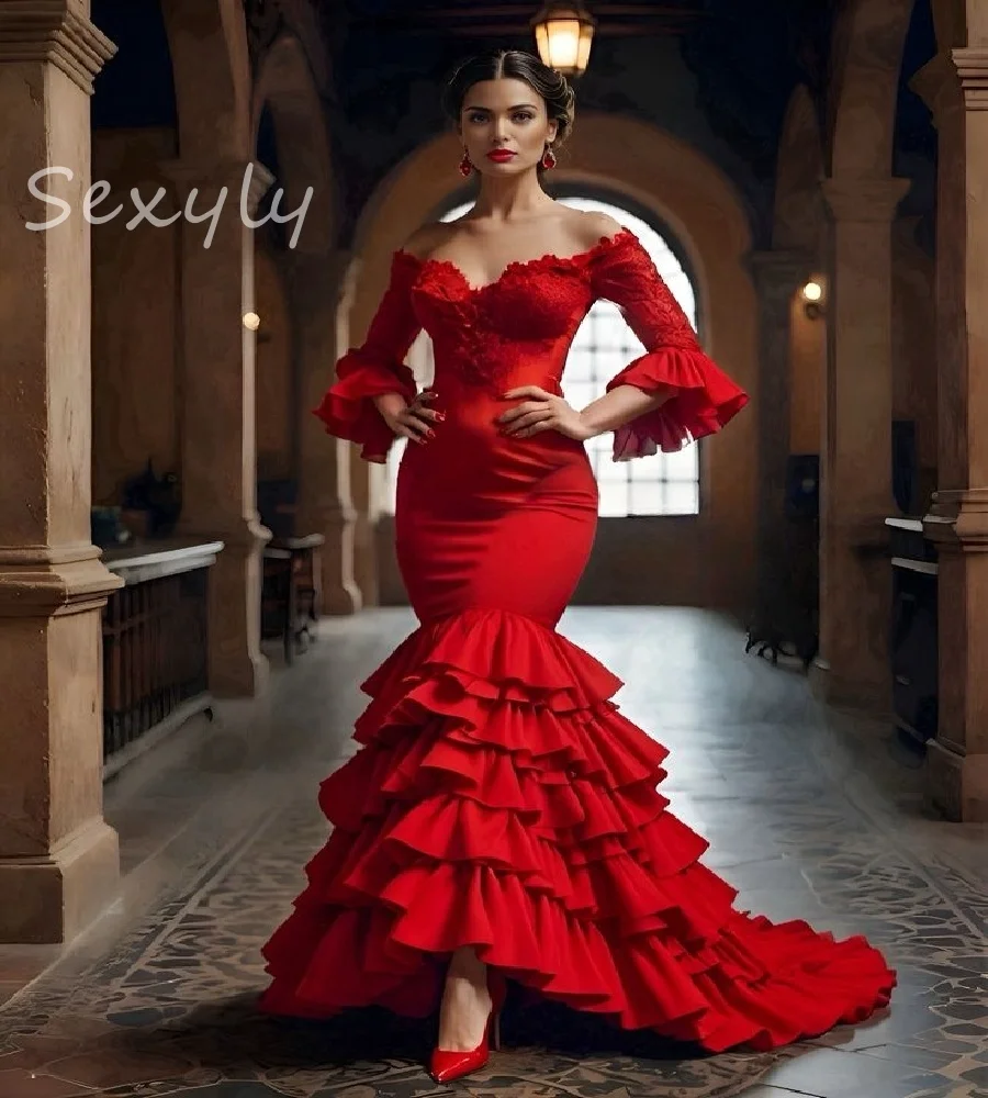 Flamenco Red Prom Dresses 2025 Gypsy Dancer Mermaid Evening Dress Tired Ruffles Elegant Formal Party Gowns Spanish Customized