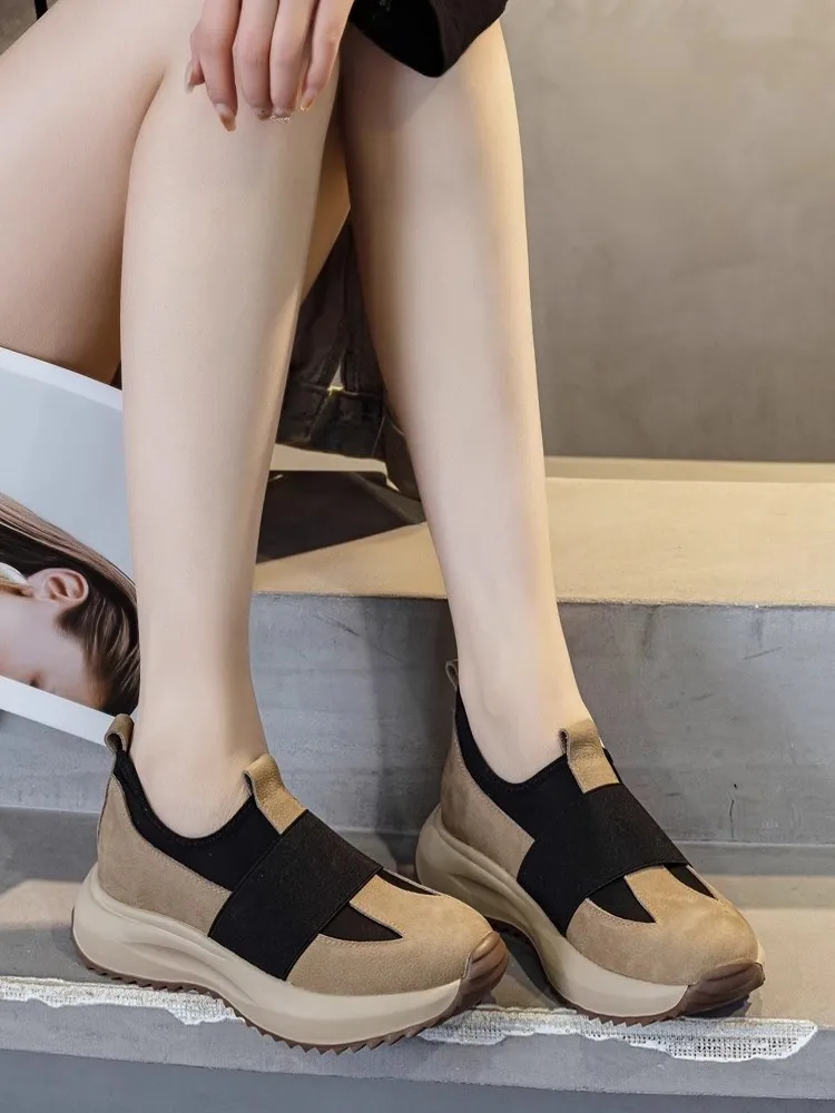 Vintage Womens Slip On Loafers Genuine Leather Mixed Colors Designer Running Sneakers Thick Bottom Sport Shoes Jogging Sneakers