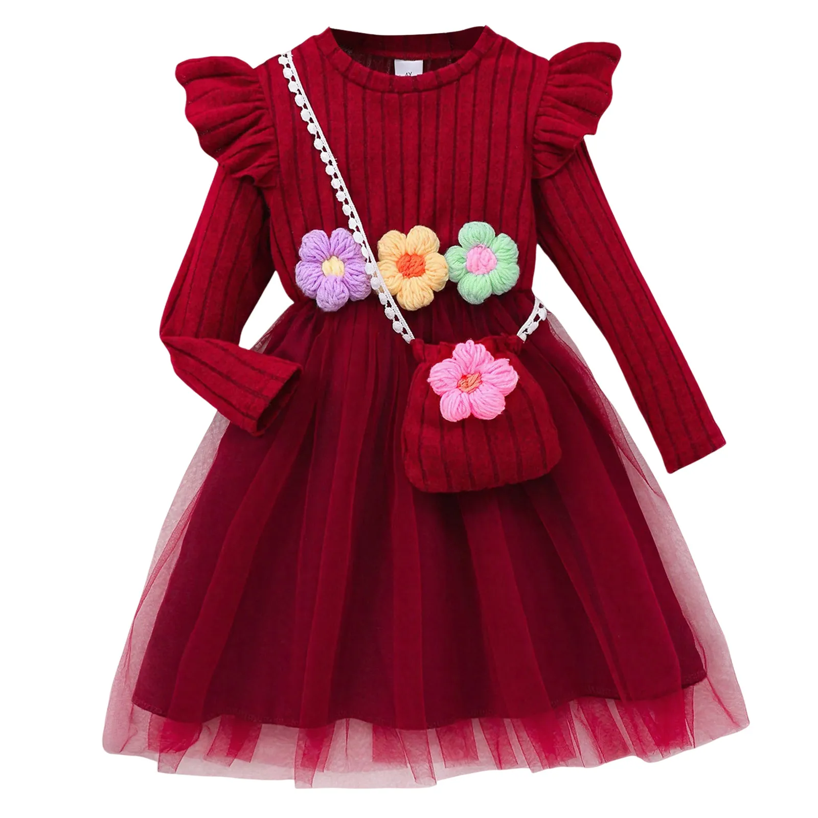 

Dresses Toddler Girl 3D Floral Dress Baby Sweater Dresses Ruffle Ribbed Knit Long Sleeve A Line Two Birthday Dress