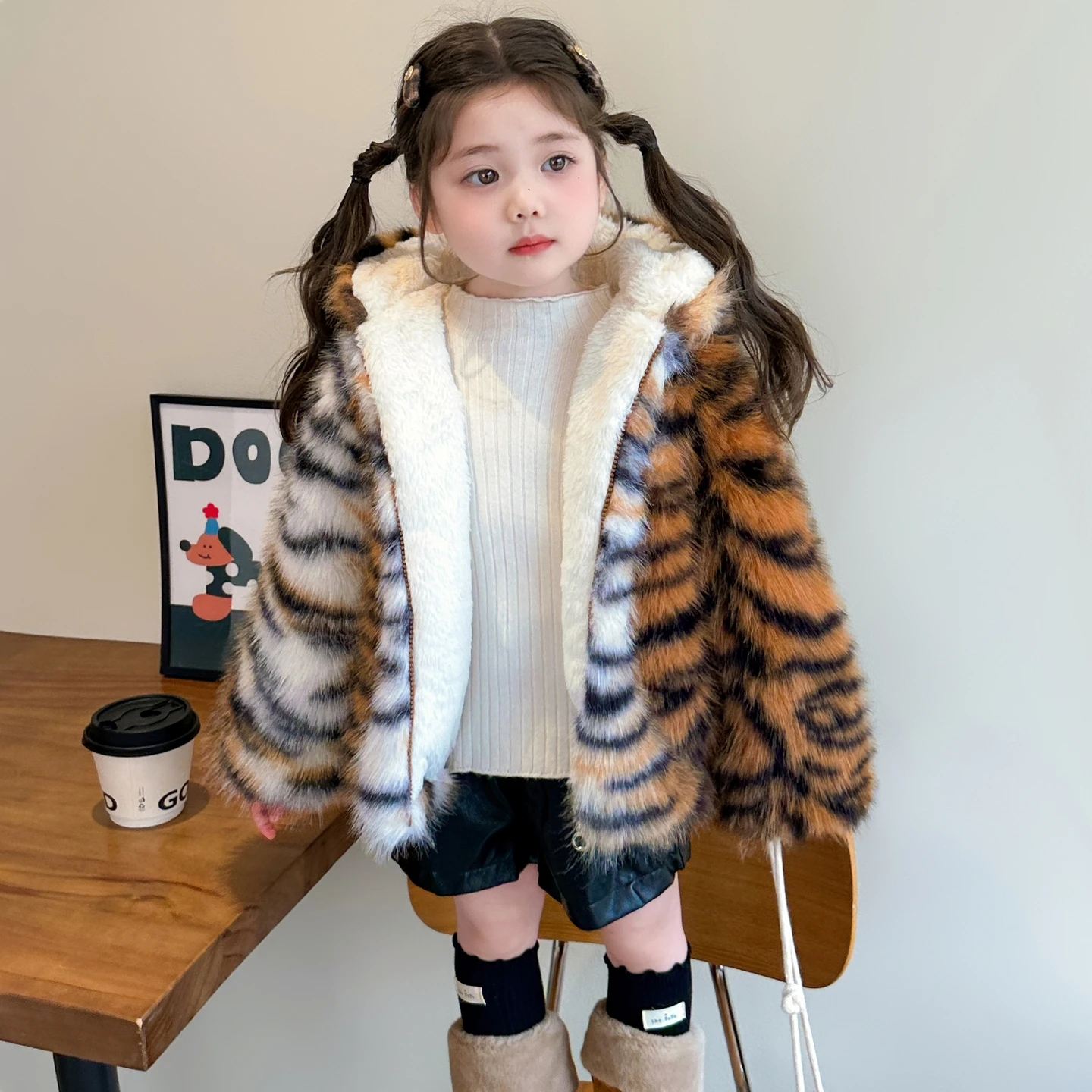 Lovely Style Baby Kids Tiger Print Fur Coat Outfit Toddler Boy Girl Warm Hooded Jacket Clothing Infant Child Wool Blends Clothes