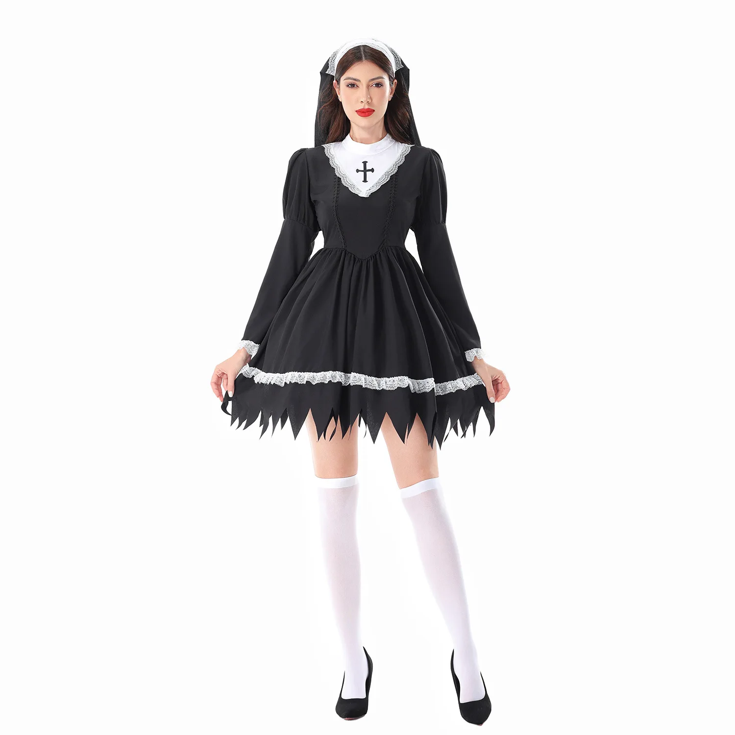 

Halloween Costume Cross Carnival Performance Vestment Nun's Outfit Dark Gothic Ghost Dress Women's Ethnic Wear