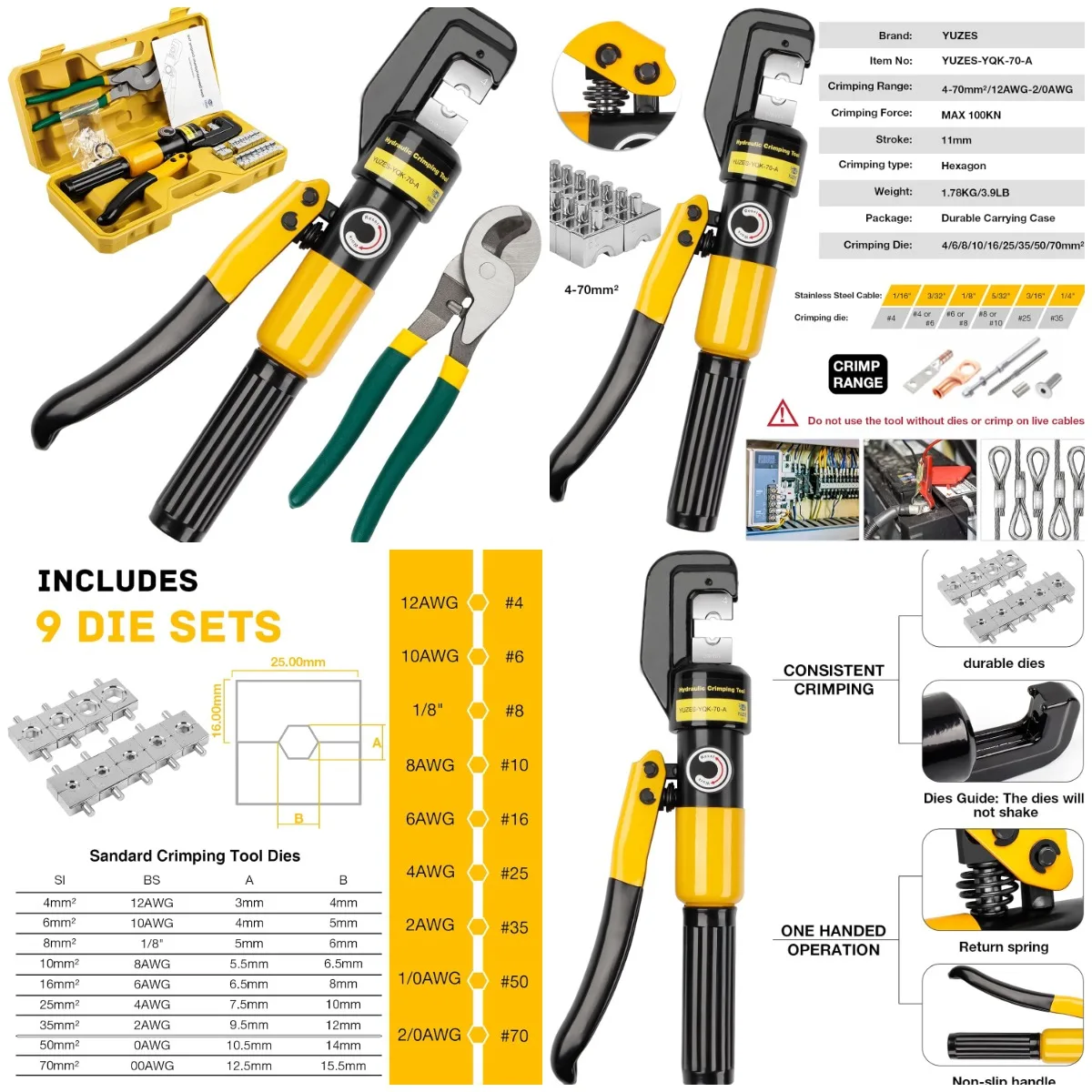 

Hydraulic Crimping Tool, 12 AWG to 00 (2/0), 10 Tons Battery Cable Crimper with 9 Dies