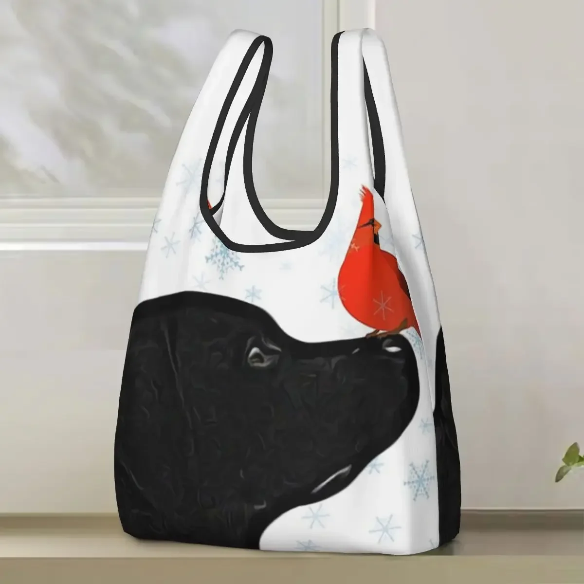 Black Labrador Christmas And Cardinal Bird Shopping Bag Portable Tote Bags Reusable Shoulder Shopper Bag Groceries Handbag