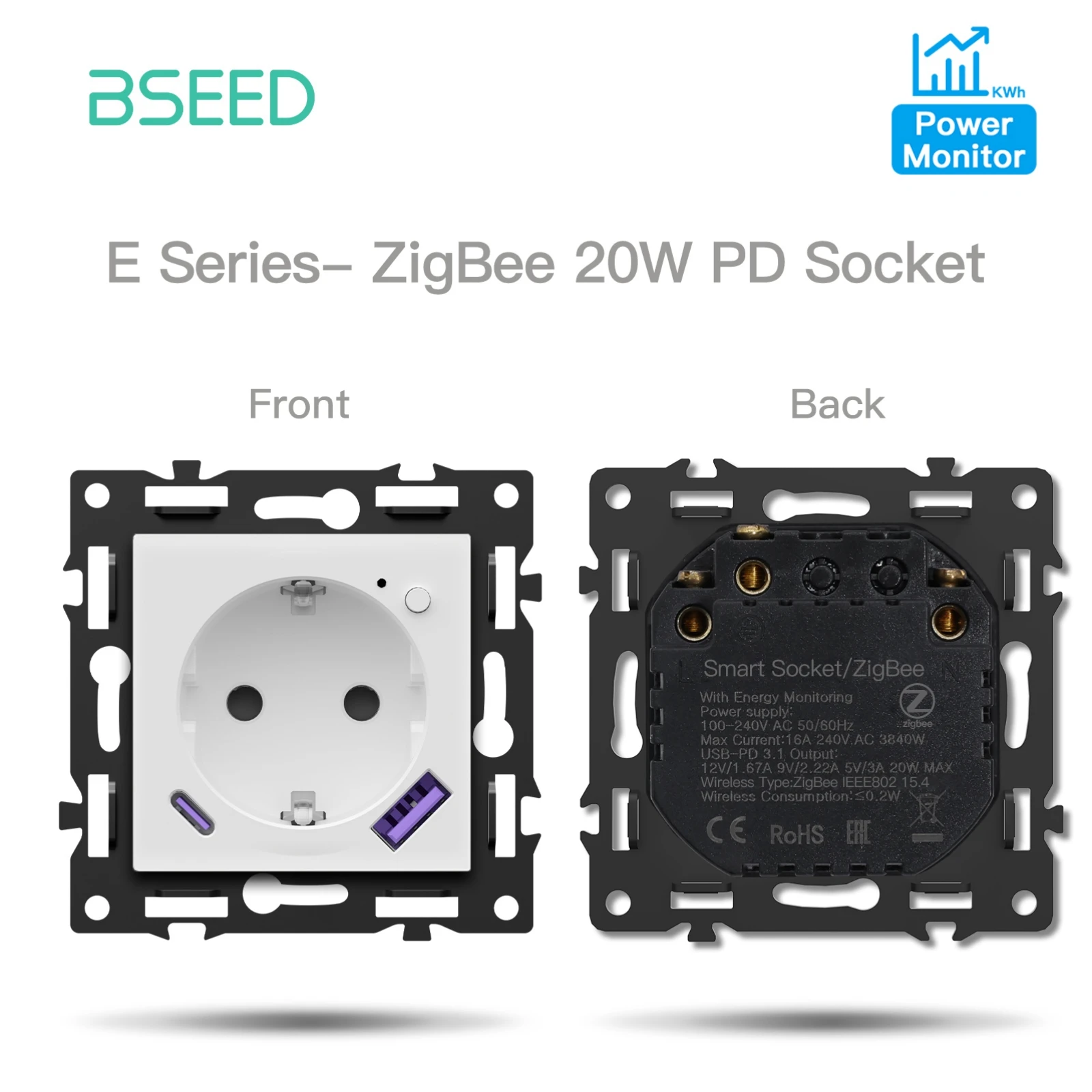 BSEED Zigbee-Schaltmodul ohne Neutralleiter, Smart-Steckdosen, DIY-Kombination, 86mm Glasrahmen, ST TV Cat6 Schlüssel