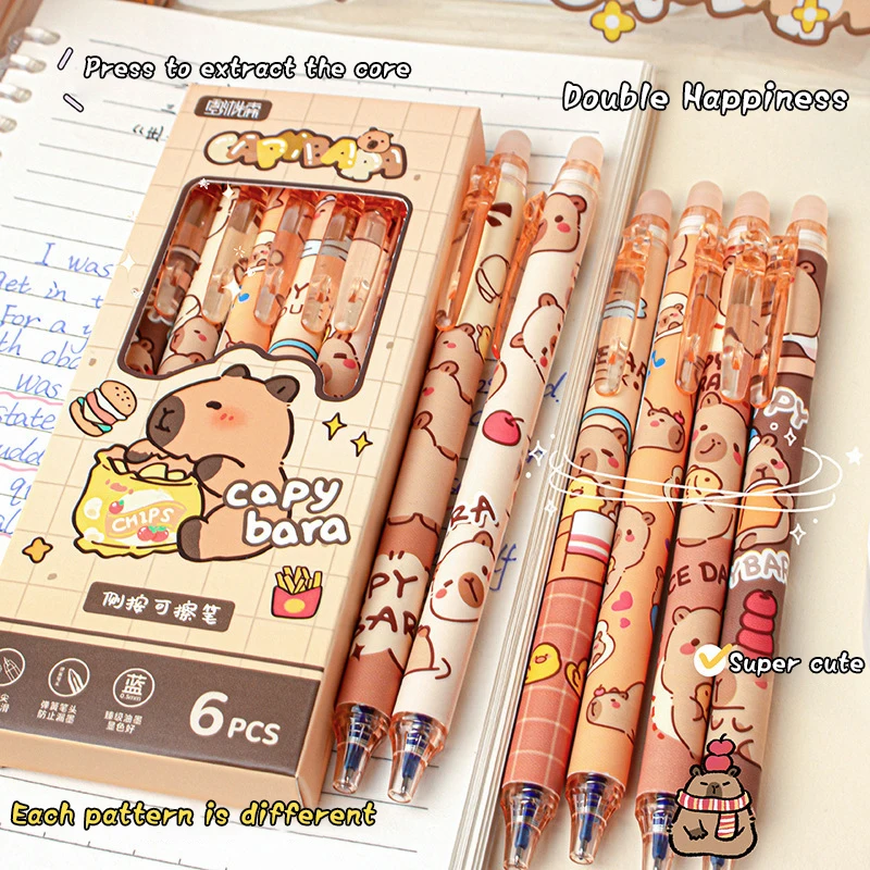 Capybara-Stylos gel bleus effaçables à séchage rapide, ensemble de stylos mignons, fournitures scolaires de bureau, papeterie esthétique Kawaii, 6 pièces