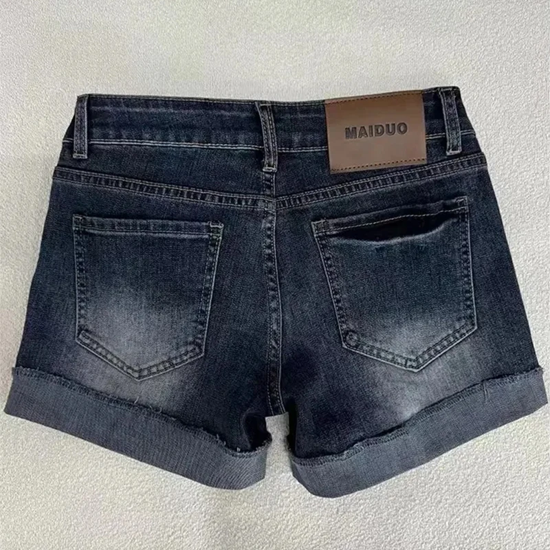 Retro Roll Up Hem Deep Blue Denim Shorts Women Summer Sexy Low Rise Hip Coverin… - Image 2