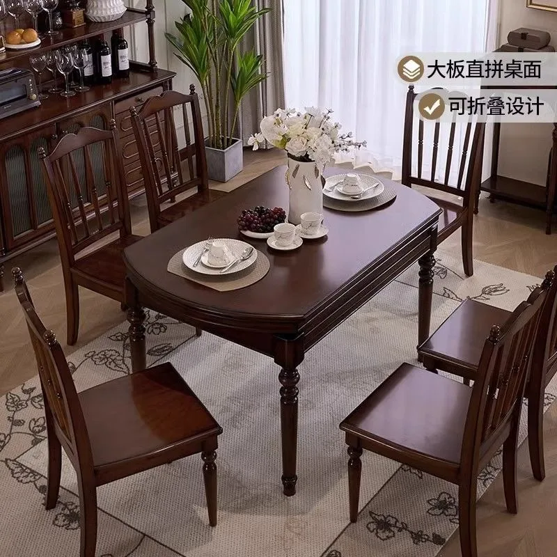 American solid wood dining table and chairs French retro black rectangular table variable round table restaurant