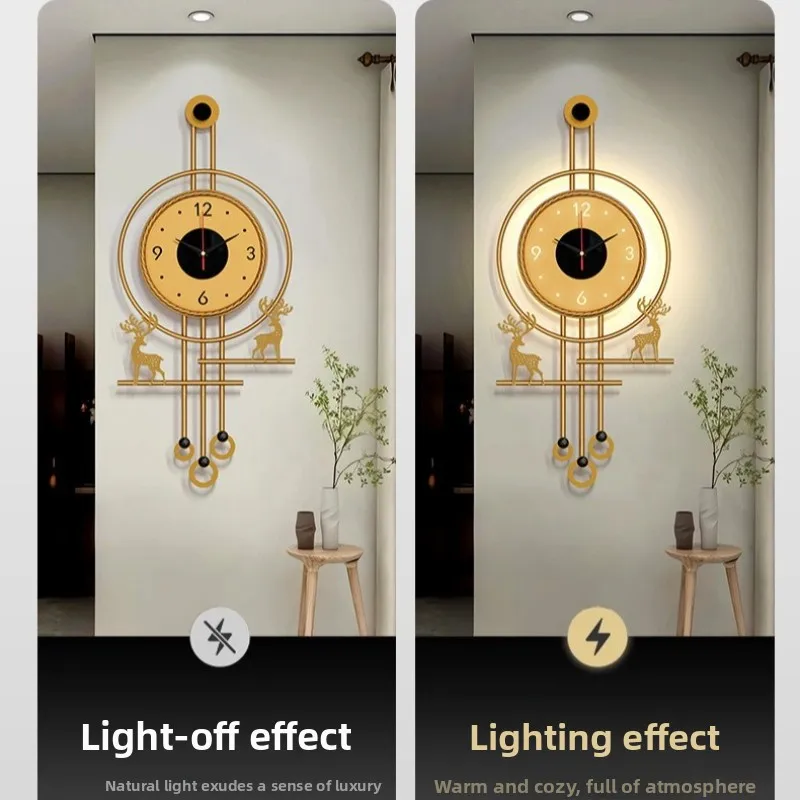 Modern TV Background Wall Mute Wall Clock Wooden Grille Decoration With Lights Hanging Clock Restaurant Clock Home Decoration