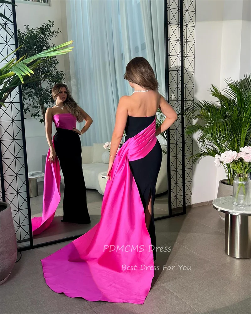 Charming Pink Satin Evening Party Dresses Customized Strapless Floor Length Simple Party Dress Arabic Women Formal Evening Gowns