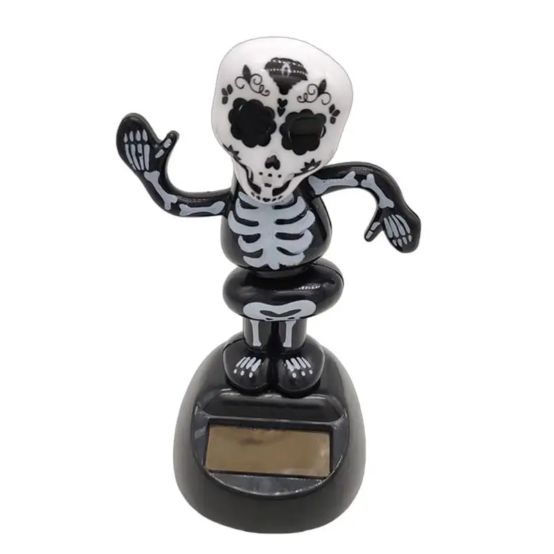 Creative Skeleton Skull Car Ornament Decoration Solar Energy Bobble Head Halloween Props Toys Car Interior Dashboard Decor