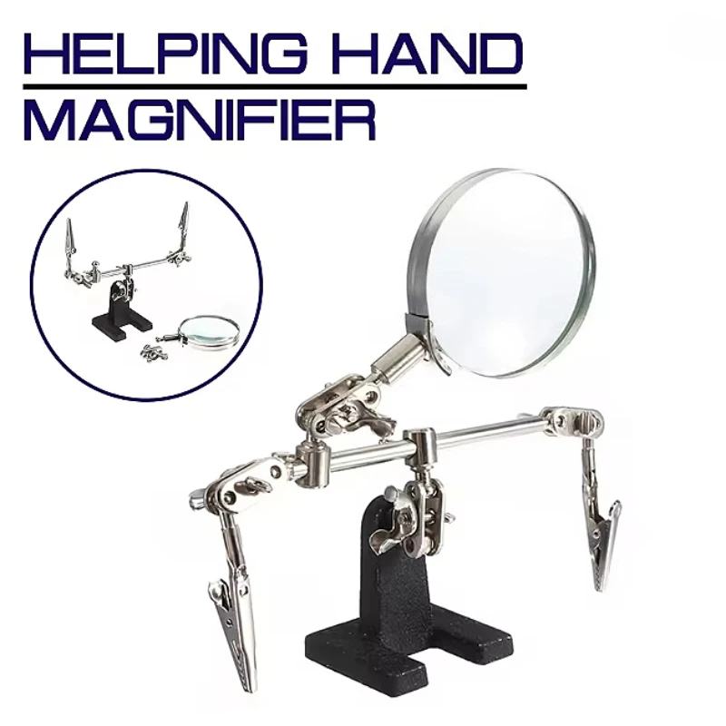 Adjustable Helping Third Hand Tool Soldering Stand With 4X Welding Magnifying Glass led 360 Degree Rotating 2 Alligator Clips