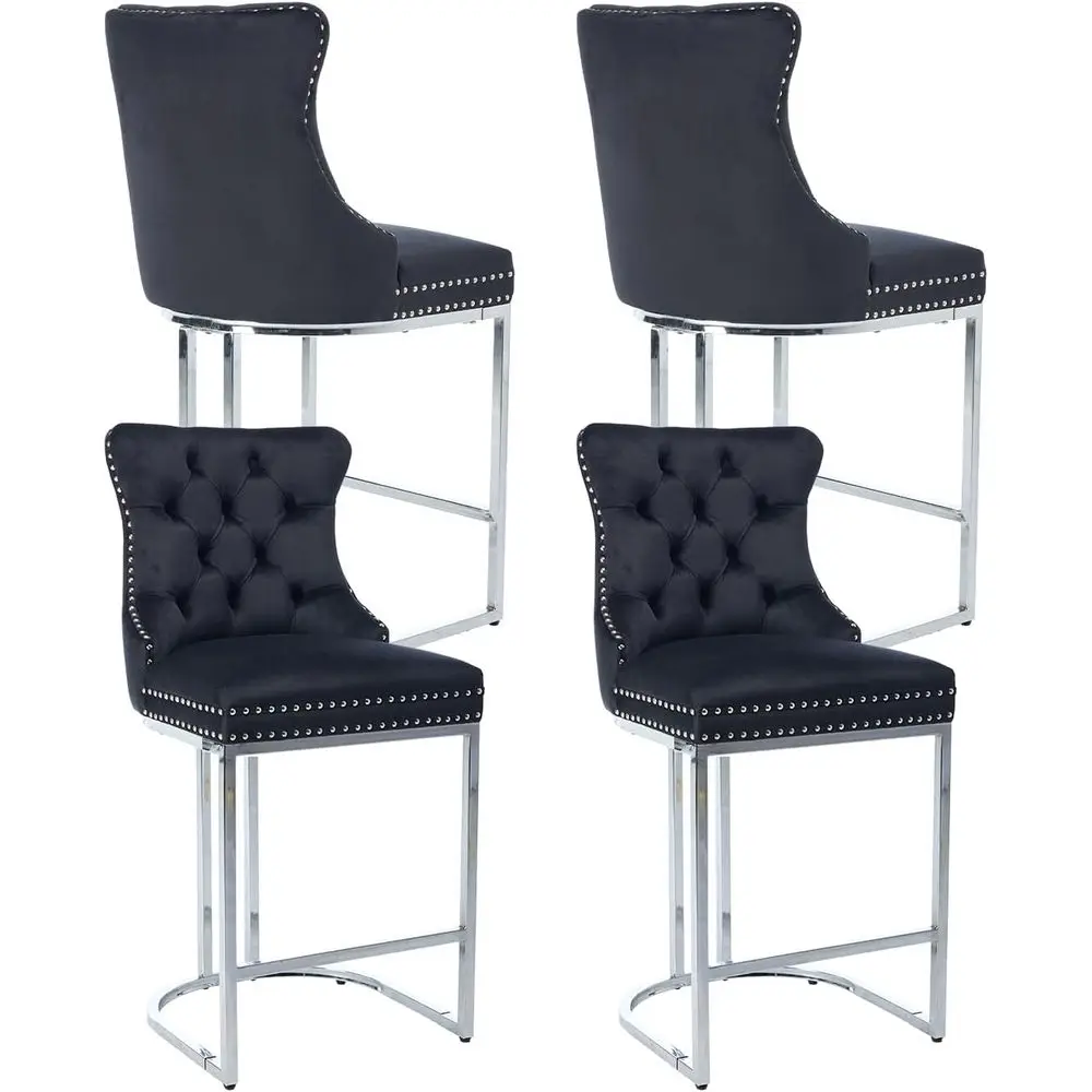 

Set of 4 Velvet Upholstered Counter Height Bar Stools with Chrome Legs and Tufted Back, Suitable for Kitchen Island or Pub, Blac