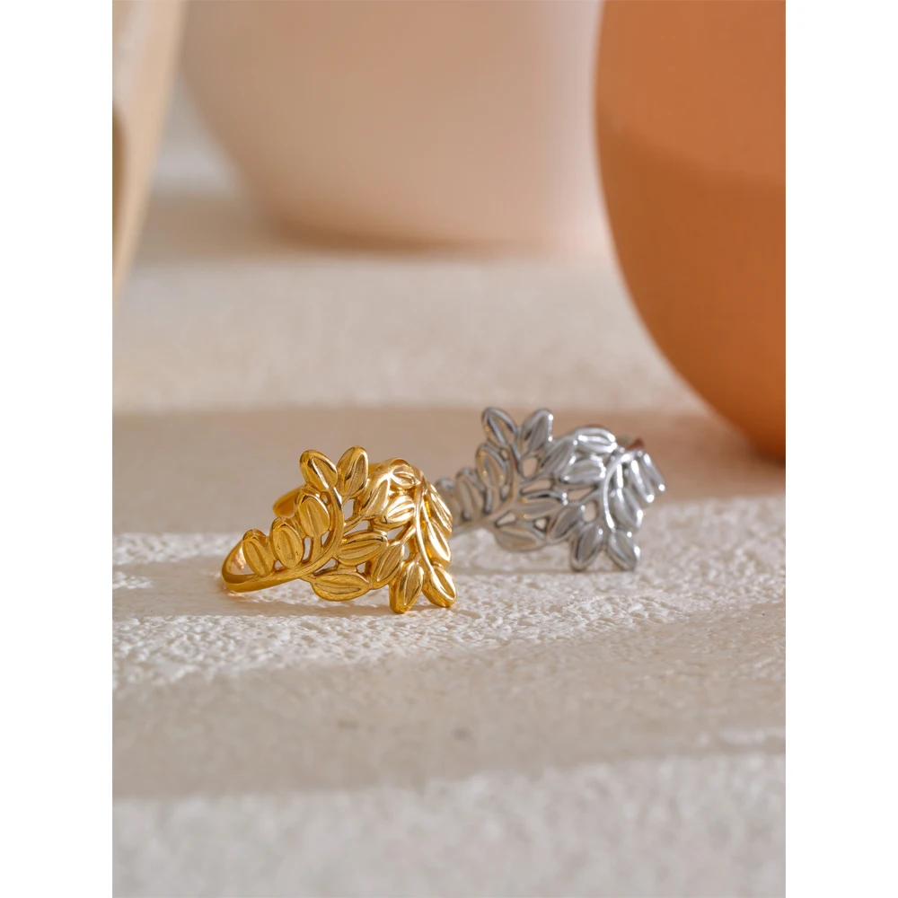 Yhpup Stainless Steel Metal Leaf Leaves Open Ring Trendy Fashion Daily Cheap Jewelry 18K PVD Plated Wholesale