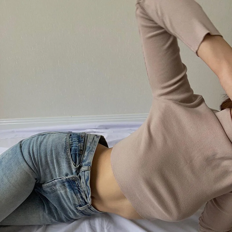 Solid Nude Turtleneck Cropped T Shirt Women Autumn Casual Long Sleeve T-shirt Ladies Skinny Basic Tee Shirt Femme