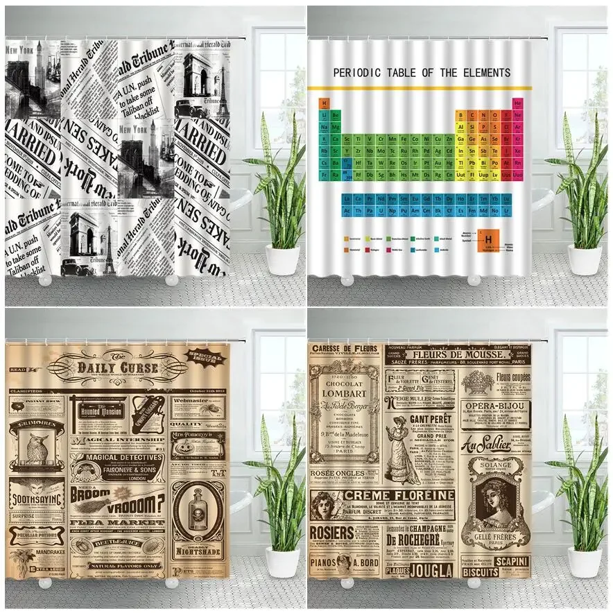 Vintage Old Newspaper Shower Curtains France Paris Tower Periodic Table Bath Curtain Retro Fabric Print Home Bathroom Decor Sets