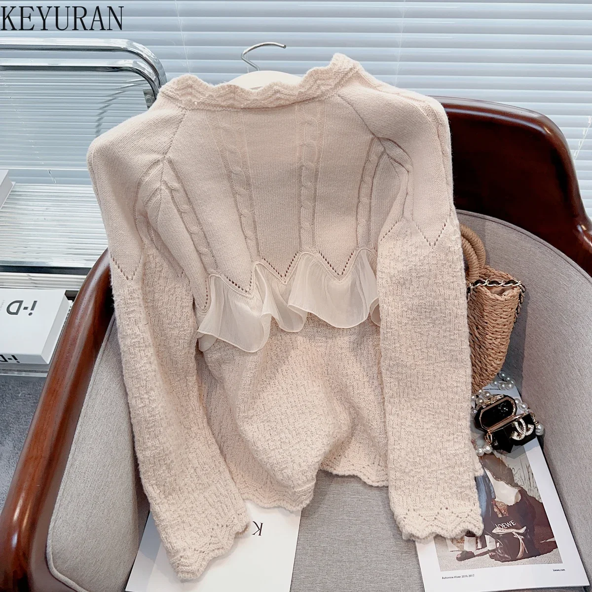 Ruffles Sweater Coat Women Knitted Cardigan Jacket Autumn Winter Fashion Loose Long Sleeve Single-breasted Knitwear Tops Jumpers