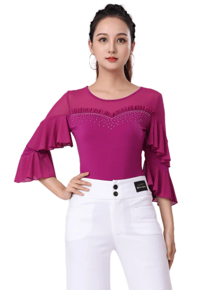 Top de malha transparente com retalhos e mangas de strass com babados, elegante, salão de baile, dança moderna, traje de performance de palco