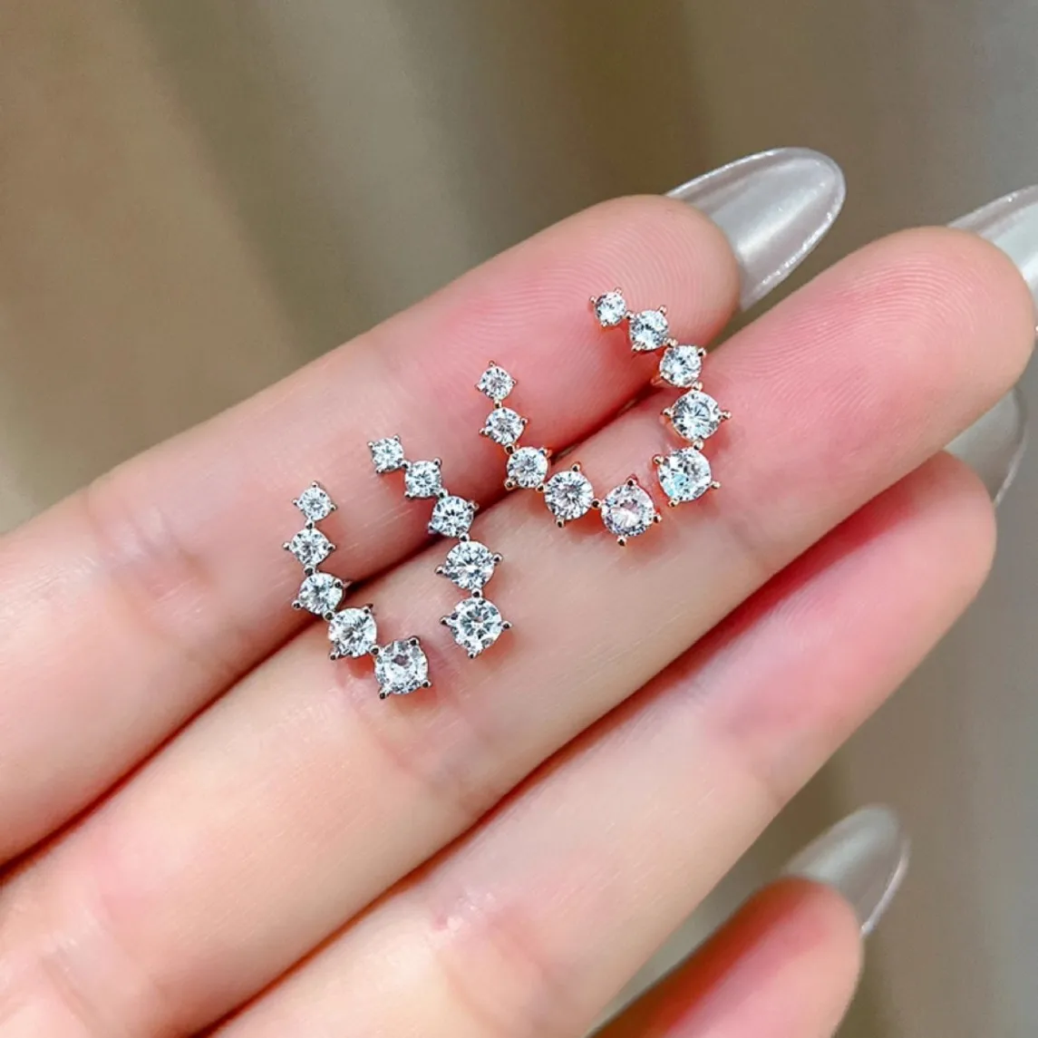 5 Stone D-Color Simulated Moissanite Climber Stud Earrings 925 Sterling Silver Smile Earring Charms Birthday Gift for Women
