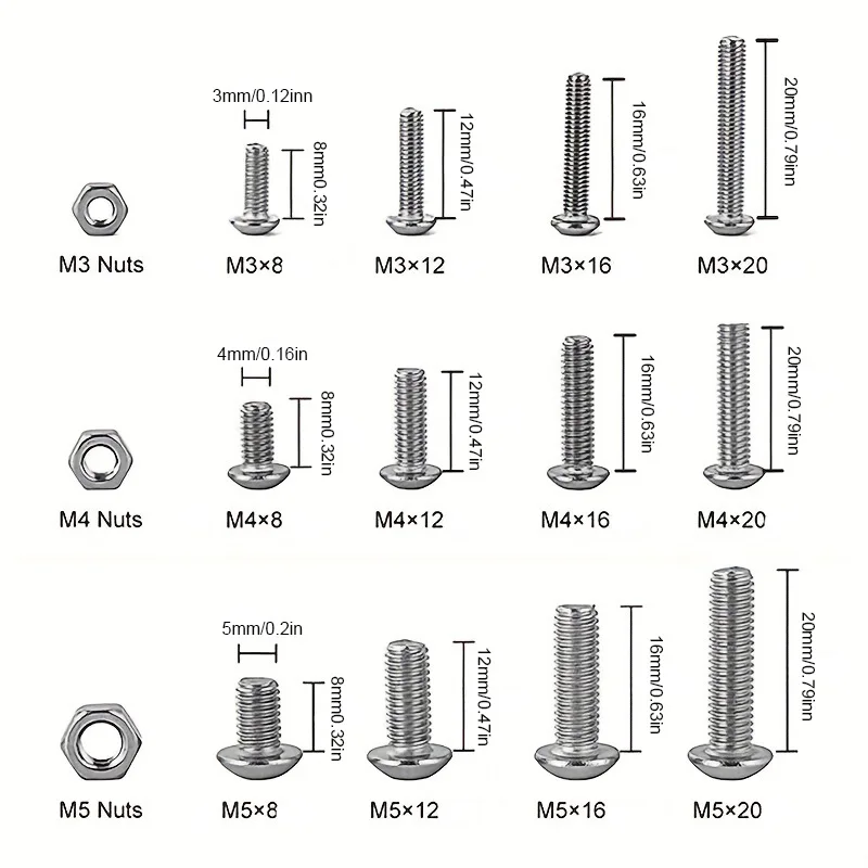 440pcs Stainless Steel Phillips Pan Head Screw and Nut Set, M3 M4 M5 Phillips Pan Head Screws, DIY Tool Screw and Nut Kit