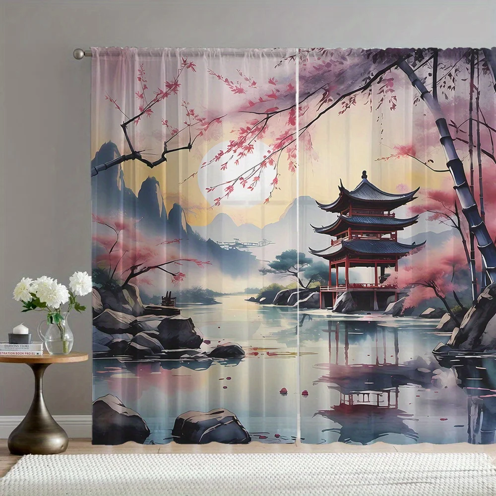 Stunning Chinese Pagoda Landscape Curtain Window Treatment Asian Blossom Scenic Watercolor Tapestry Home Decor Sheer Curtain