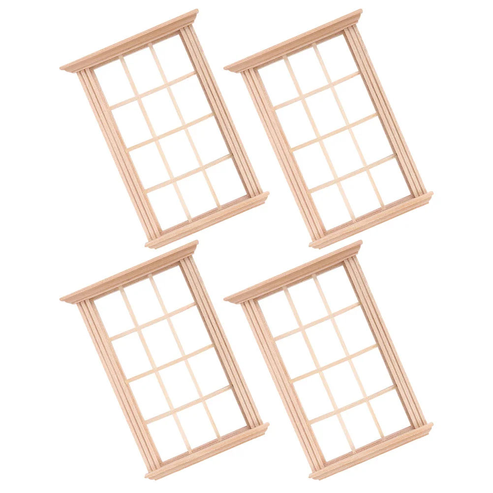 4 Pcs House Window Mini Furniture Dollhouse Uncolored Wooden Toddler Home Decor Small