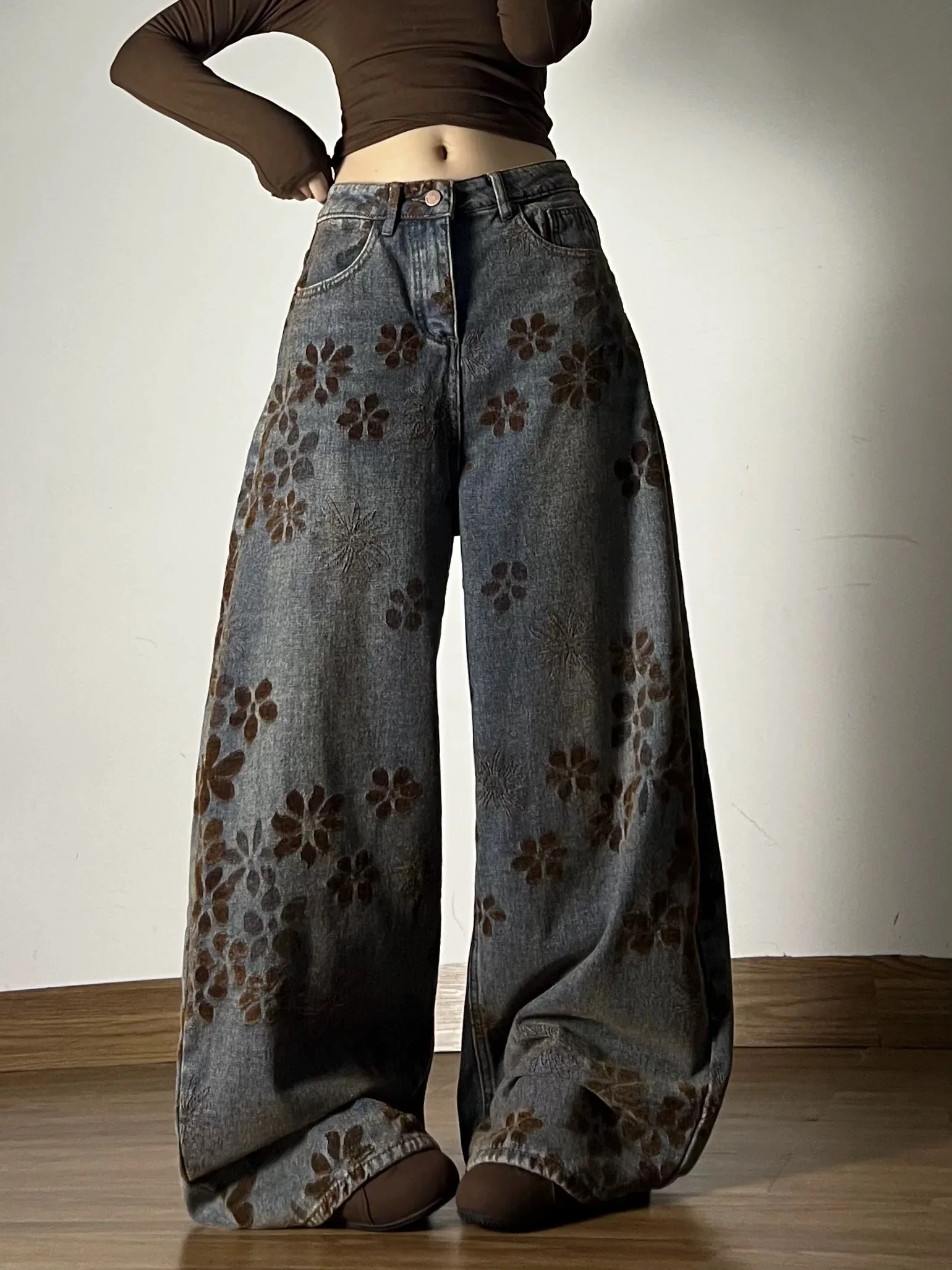 American Style Jeans Women Jacquard Curved Knife Retro Washed Loose Floor Pants Winter Spicy Girl Versatile Y2K Fashion